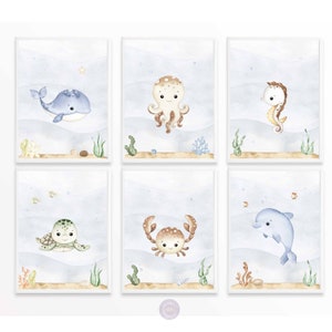 Láminas infantiles neutras con temática marina, pósteres de animales marinos, set de láminas infantiles para niños, animales marinos, decoración de sala de juegos, descarga digital
