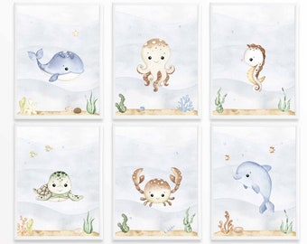 May include: Set of six watercolor illustrations featuring various sea creatures, including a whale, octopus, seahorse, turtle, crab, and dolphin. Each illustration is set against a light blue background with white waves and features various sea-life details.