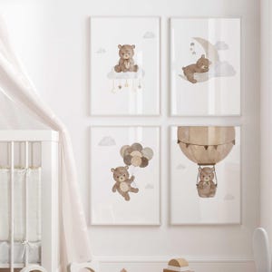 Neutral Teddy Bear Prints, Printable Toddler Room Wall Art, Cute Bear Posters, Hot Air Balloon Nursery Wall Decor, Sleeping Bear, Digital