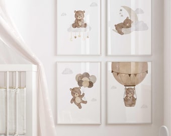 Neutral Teddy Bear Prints, Printable Toddler Room Wall Art, Cute Bear Posters, Hot Air Balloon Nursery Wall Decor, Sleeping Bear, Digital