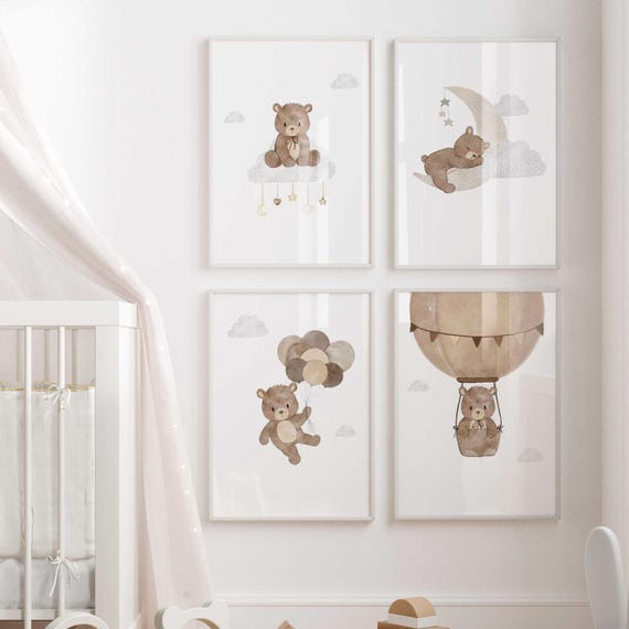 Neutral Teddy Bear Prints, Printable Toddler Room Wall Art, Cute Bear Posters, Hot Air Balloon Nursery Wall Decor, Sleeping Bear, Digital