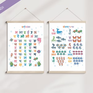 Hindi Varnamala Karte, Hindi Alphabet und Zahlen, Hindi Swar, Vyanjan Poster für Spielzimmer, Klassenzimmer oder Schule, 2er Set