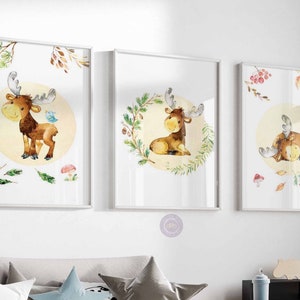 Moose Nursery Prints, Boy Nursery Decor, Moose Wall Art, Watercolor Woodland Animals Nursery Decor, Neutral Wall Decor, Digital Download