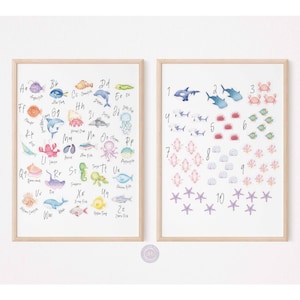 Carteles de números y alfabetos en inglés, gráficos educativos coloridos, impresiones en el aula con temática oceánica, arte de pared ABC de animales marinos, digital