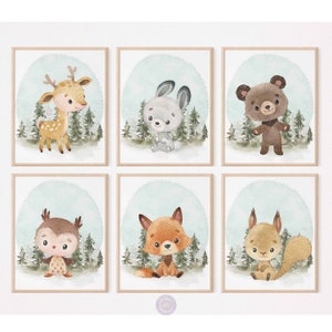 Woodland Kinderzimmer Dekor, Blaue Kinderzimmer Wandkunst, Waldtiere Drucke, Waldtiere Drucke, 6er-Set, Junge Zimmer Dekor, digitaler Download
