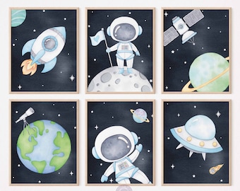 Stampe per cameretta a tema spaziale, poster per cameretta a tema spaziale, stampe di astronauti, decorazioni per la sala giochi spaziale, pianeti acquerellati, razzi, DOWNLOAD DIGITALE