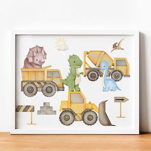 Dinosaurs and Construction Trucks, Dino Room Decor, Truck Wall Art, Boy Nursery decor, Dinosaur Prints, Truck Posters, Digital Download