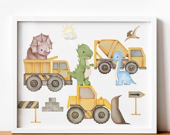 Dinosaurs and Construction Trucks, Dino Room Decor, Truck Wall Art, Boy Nursery decor, Dinosaur Prints, Truck Posters, Digital Download