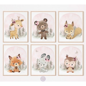 Blush Floral Wald Kinderzimmer Dekor, süße Waldtiere Kunstdrucke, Waldtier Wandkunst, rosa Baby Mädchen Kinderzimmer Dekor, digitaler Download