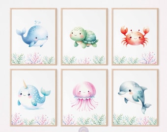 Láminas para habitación infantil con temática oceánica, pósteres de animales marinos, juego de láminas para habitación infantil, decoración submarina, arte mural para sala de juegos, descarga digital