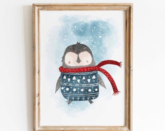 May include: A watercolor illustration of a penguin wearing a blue and white patterned sweater and a red scarf. The penguin is standing on a blue background with white snowflakes.