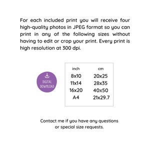 May include: A purple digital download button with a downward arrow icon and the text "DIGITAL DOWNLOAD". A table with the text "inch" and "cm" at the top. The table lists four different sizes in inches and centimeters: 8x10, 11x14, 16x20, and A4.