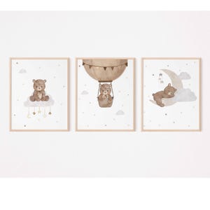 Set of 3 Teddy Bear Prints, Cute Brown Bear Posters, Stars Moon and Cloud Nursery Wall Art, Sleeping Bear Boy Room Wall Decor, Digital Print