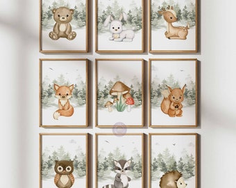 Decoración de habitación infantil con animales del bosque, arte imprimible para pared, láminas de animales del bosque, decoración de habitación infantil con temática de bosque, juego de 9, descarga digital