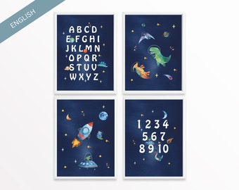 English Alphabet and Number Posters, ABC 123 Prints, Astronaut Dinos prints, Homeschool or Classroom Decor, Set of 4, Digital Download