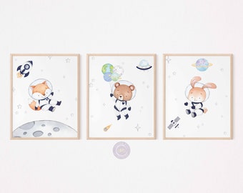 Stampe per cameretta dei bambini con tema spaziale, stampe da parete per cameretta dei bambini, decorazioni spaziali blu navy, acquerello dello spazio, poster di astronauti con animali, DOWNLOAD DIGITALE