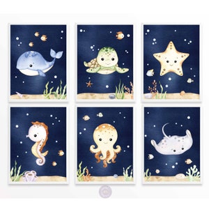 Pósteres de animales marinos para habitación de bebé, decoración infantil con temática oceánica, estampado neutro de animales marinos, arte de pared infantil bajo el mar, descarga digital