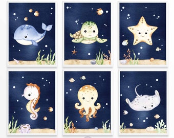 Pósteres de animales marinos para habitación de bebé, decoración infantil con temática oceánica, estampado neutro de animales marinos, arte de pared infantil bajo el mar, descarga digital