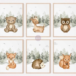 Waldtiere Kinderzimmer Dekor Drucke, druckbare Waldtiere Kinderzimmer Wandkunst, Waldkinder Spielzimmer Dekor, 6er-Set, digitaler Download