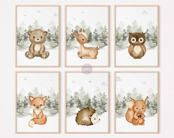 Woodland Animals Nursery Decor Prints, Printable Forest Animals Nursery Wall Art, Woodland Kids&#39; Playroom Decor, Set of 6, Digital Download