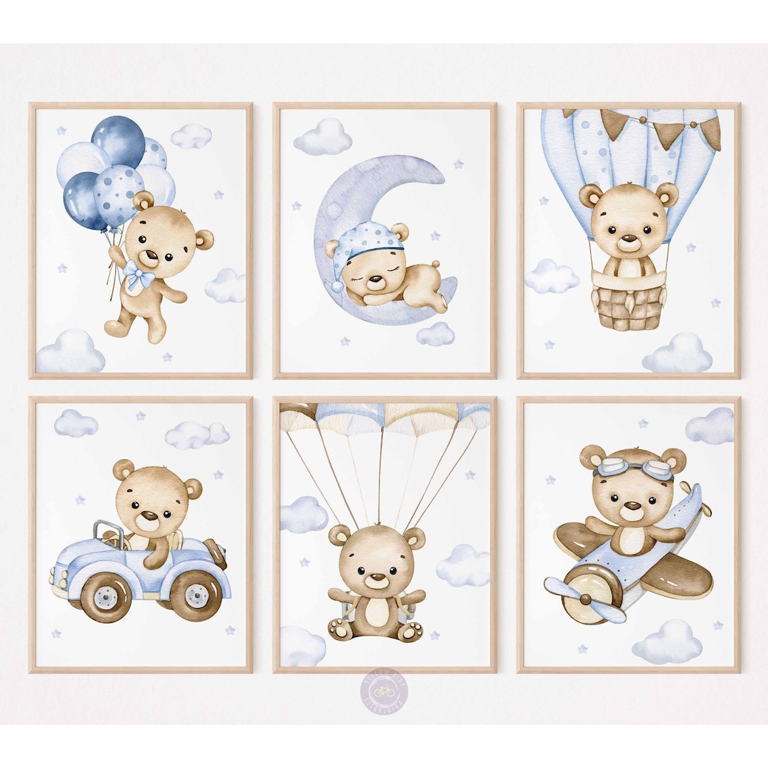 Blue Teddy Bear Prints, Air Plane Nursery, Printable Boy Room Wall Art ...