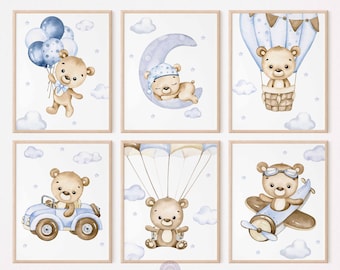 Blue Teddy Bear Prints, Air Plane Nursery, Printable Boy Room Wall Art, Cute Bear Posters, Hot Air Balloon Nursery Wall Decor, Set of 6
