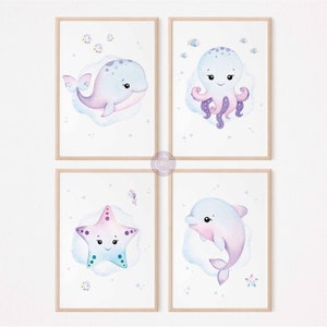 Under the sea prints, Cute Ocean Animals, Nautical Undersea Posters, Sea Animals Nursery Decor, Printable Wall Art, Baby Girl Room, Set of 4