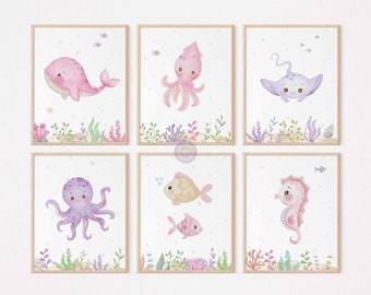 Baby Sea Animals Nursery Decor, Under the Sea Nursery Prints, Ocean Nursery Decor, Kids Bathroom Art, Sea Animal Prints, Instant Download