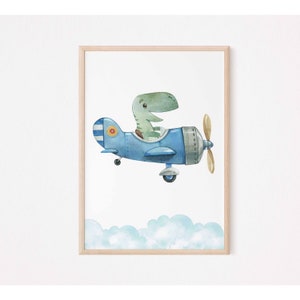 Impresión de dinosaurio, cartel de Dino, dinosaurio en avión, arte de la pared del avión, decoración neutral del vivero de dinosaurios, impresión de la habitación de los niños, descarga digital