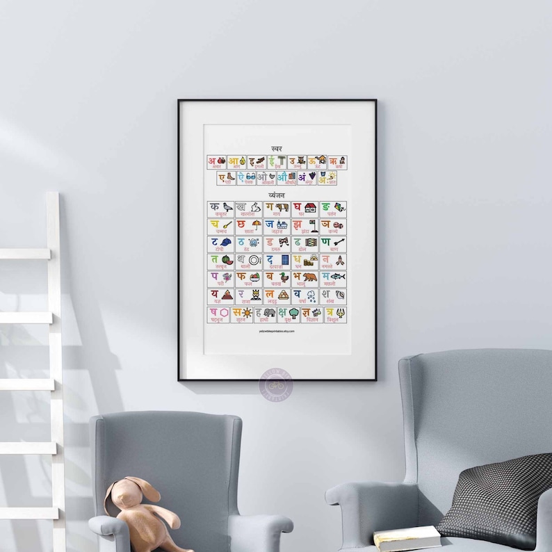 Hindi Alphabet Chart, Hindi Alphabet Poster for Kids, Colorful Hindi