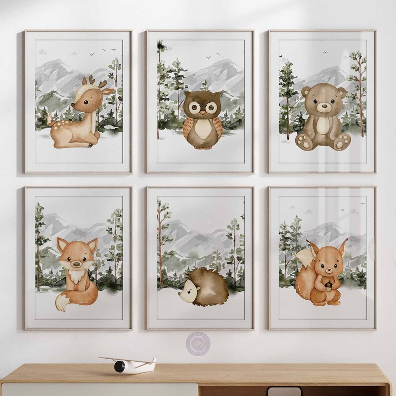 Mountain Nursery Decor, Baby Woodland Animal Prints, Baby Forest Animals Nursery Wall Art
