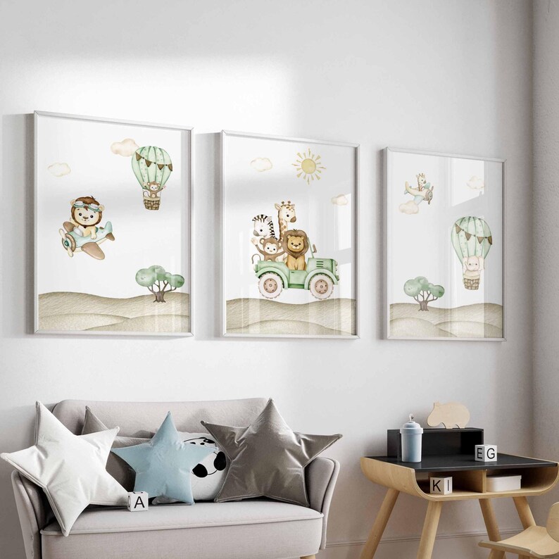 Safari Nursery Decor, Set of 3 Baby Nursery Wall Art, Jungle Nursery