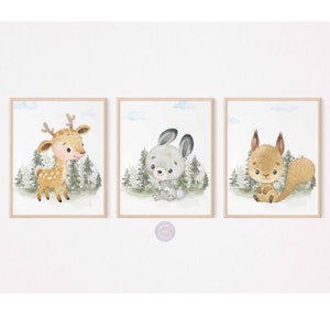 Forest Animals Prints, Woodland Animal Prints, Woodland Nursery Decor, Nursery Wall Art, Kids&#39; Playroom Posters, Set of 3, Digital Download
