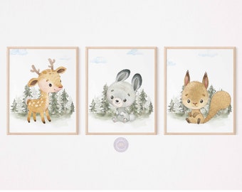 Láminas de animales del bosque, láminas de animales del bosque, decoración de guarderías, arte mural para guarderías, pósteres para salas de juegos infantiles (juego de 3), descarga digital