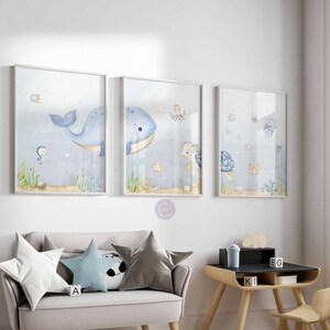 Lot de 3 impressions pour chambre d'enfant océan, chambre d'enfant nautique, chambre d'enfant sous la mer, chambre de bébé garçon, aquarelle animaux marins affiches d'art mural numérique