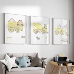 Dinosaurs Driving Construction Trucks, Dino Room Decor, Truck wall art, Boy Nursery decor, Dinosaur Prints, Truck Posters, Digital Download