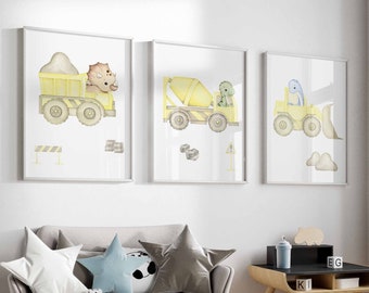 Dinosaurs Driving Construction Trucks, Dino Room Decor, Truck wall art, Boy Nursery decor, Dinosaur Prints, Truck Posters, Digital Download