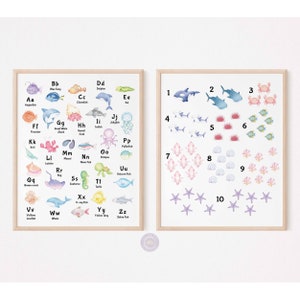 Englisch Alphabet und Zahlen Drucke, Bunte Lehrtafeln, Meer, Klassenzimmer Poster, Pastell Meerestiere ABC Poster, Digital