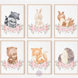 Mother and Baby Woodland Animals with Blush Pink Roses, Cute Prints for a Floral or Forest themed Nursery, Baby Girl Decor, Digital Download
