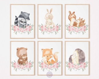 Mother and Baby Woodland Animals with Blush Pink Roses, Cute Prints for a Floral or Forest themed Nursery, Baby Girl Decor, Digital Download