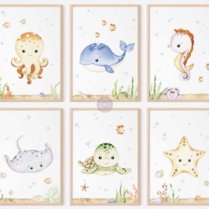 Láminas infantiles bajo el mar, pósteres de animales marinos, juego de láminas infantiles para niños, arte mural de animales marinos, decoración de sala de juegos, descarga digital