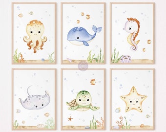May include: Set of six watercolor illustrations featuring various sea creatures, including an octopus, whale, seahorse, stingray, turtle, and starfish. Each illustration is set against a white background with blue bubbles and seaweed.