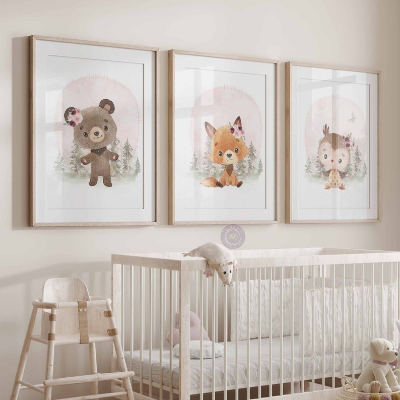 Blush Floral Woodland Nursery Decor, Cute Woodland Animal Art Prints ...
