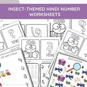 Hindi-Nummern Arbeitsblätter, lernen Sie die Hindi-Ziffern 1 bis 10, druckbare Hindi-Nummernerkennung und Schreiben von Insekten