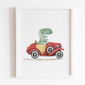 Dinosaur Print, Dino Poster, Dinosaur in Car, Neutral Dinosaur Wall Art, T-rex in Red Car, Dinosaur Nursery Decor, Digital Download