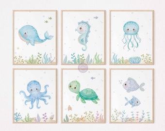 Under the Sea Nursery Prints, Ocean Nursery Decor, Sea Life Nursery Posters, Kids Bathroom Art, Baby Sea Animal Prints, Instant Download