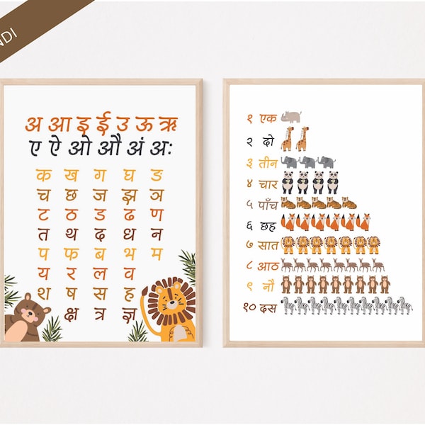 Hindi Alphabet Chart, Hindi Alphabet und Zahlen mit Tiermotiven, Hindi Swar, Vyanjan, Zoo Animal Posters für Klassenzimmer oder Homeschool