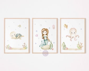 Mermaid Nursery, Baby Sea Animals Nursery Decor, Under the Sea Nursery Prints, Kids Room Wall Art, Ocean Nursery Prints,Instant Download