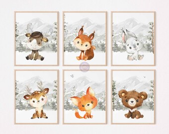 Baby Woodland Animal Nursery Decor, Woodland Nursery Prints, Woodland Nursery Art, Kids' Playroom Decor, Set of 6, Digital Download