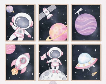Láminas para habitación infantil espacial, arte de pared imprimible para habitación de niña, decoración rosa para sala de juegos espacial, planetas en acuarela, pósteres de astronautas para niñas (DESCARGA DIGITAL)